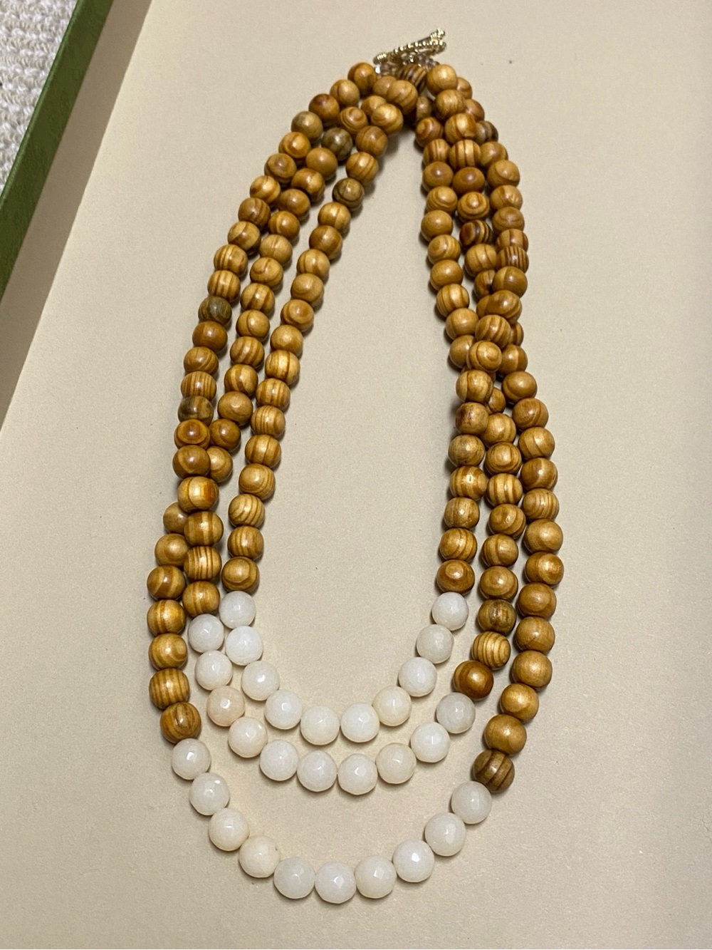 Triple-Strand Wood and White Bead Necklace